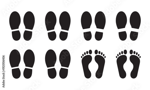Human foot and shoe print icons set vector illustration isolated on white background.