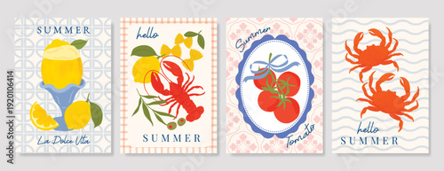 Italy summer party invitation card vector. Italian poster with lemon, leaves, lobster, wine, cheese, tomato, crab, shell in line art. Design for wedding card, greeting card, cover, poster.