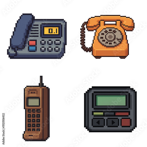 Retro tech items showcase vintage telephone models and handheld communication device evoking nostalgic emotion and simple charm pixel art style