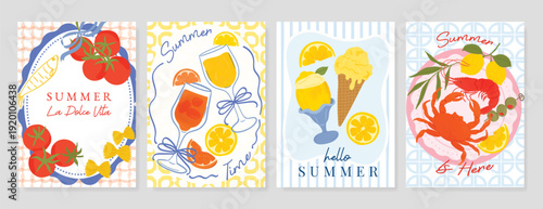 Italy summer party invitation card vector. Italian poster with lemon, leaves, lobster, wine, cheese, tomato, crab, shell in line art. Design for wedding card, greeting card, cover, poster.