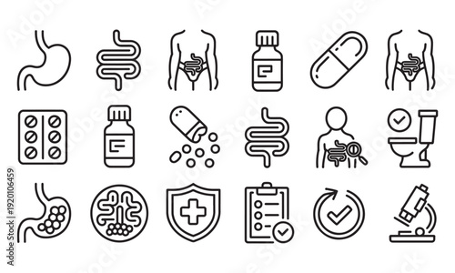 Digestion, intestine, stomach, and probiotics editable stroke outline icons set isolated on white background flat vector illustration. Pixel perfect. 64 x 64.