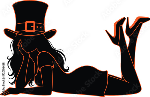 Silhouette of woman in top hat and heels, lying down, elegant pose, orange accents