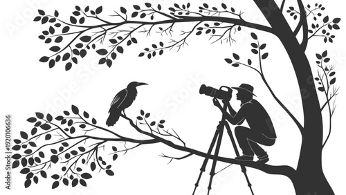 Silhouette of a Photographer Capturing a Crow in a Tree.