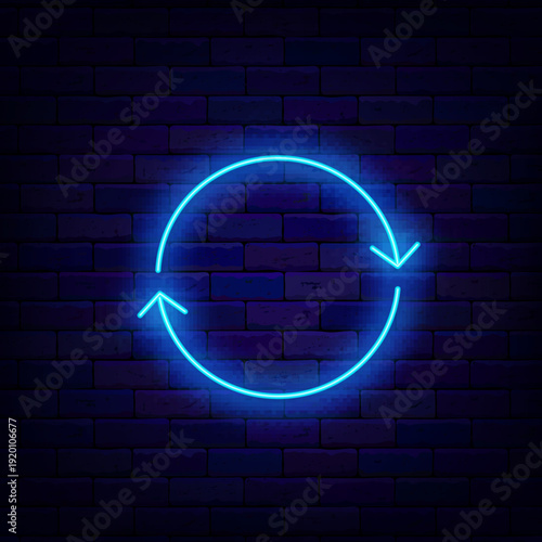 Blue circle arrows. Around the clock label on brick wall. Circle arrows. Download, upload and next concept symbol. Bright flyer. Simple frame. Glowing poster. Editable stroke. Vector stock illustratio