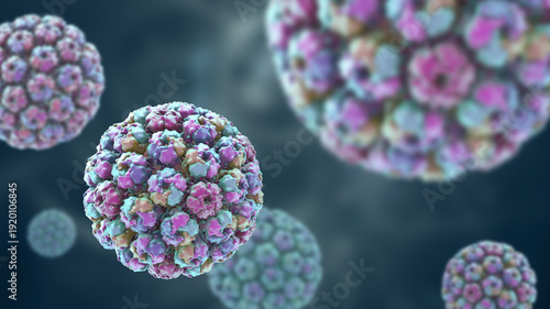 Foto Merkel cell polyomavirus virion, 3D illustration