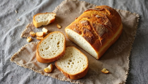 Golden baked loaf is sliced with pieces scattered on rustic cloth. White bread crust is crisp, soft inside, perfect for sandwiches or toast. Crumbs on table suggest recent meal.