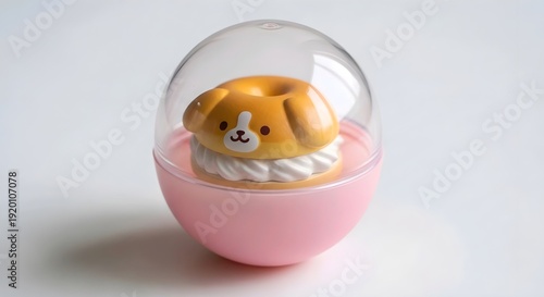 Adorable Shiba Inu dog-shaped doughnut toy figurine in a clear plastic egg container on a white background
