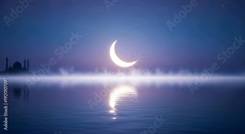 A crescent moon and bright stars illuminate a dark blue night sky filled with soft clouds reflecting ethereal moonlight over a vast abstract sea