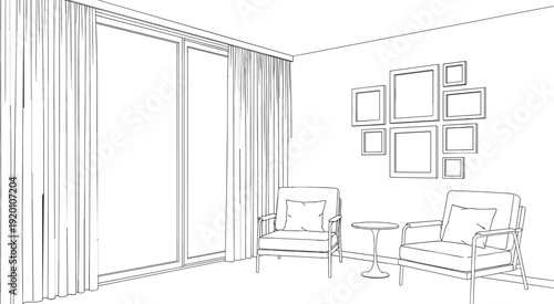 Architectural line drawing of a modern lounge area featuring two armchairs pedestal table and gallery wall