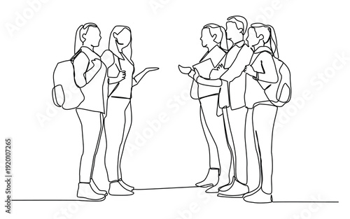 Continuous one line art of group of students standing and talking together, social connection in academic environment.