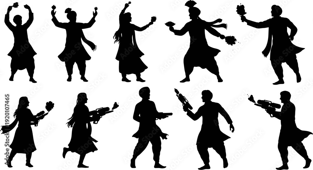 Obraz premium Silhouettes of people in traditional Indian clothing celebrating Holi festival with colors and water guns on white background