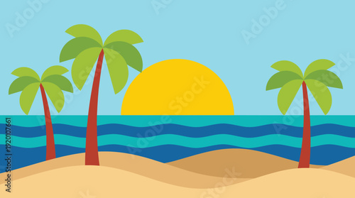 Tropical summer beach sunset vector illustration with palm trees, ocean waves, golden sun, and sandy shore for vacation background
