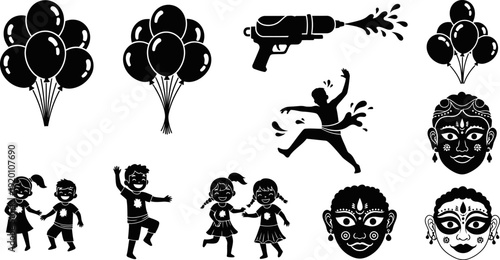 Holi festival celebration icons with people playing with water gun and colorful balloons and traditional face paint