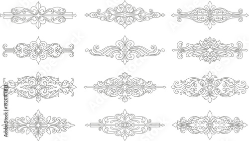 Set of vintage ornate decorative floral designs and swirls with intricate patterns and elegant lines for graphic design and illustration