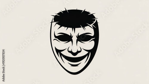 Black and white smiling mask with cracked middle revealing skull