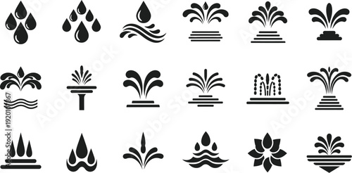 Collection of various water fountain and wave icons in black silhouette on white background