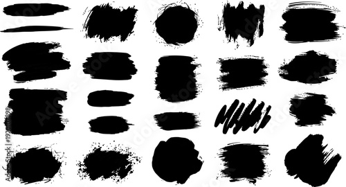 Collection of various black brush strokes and smears on white background for design