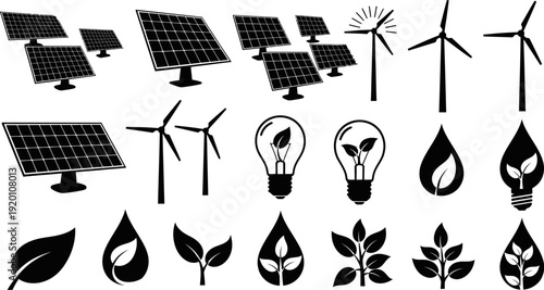 Black silhouettes of solar panels wind turbines light bulbs and green leaves on white background for eco friendly concepts