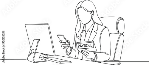 Continuous one line drawing of a businesswoman managing payroll at her office desk with a computer