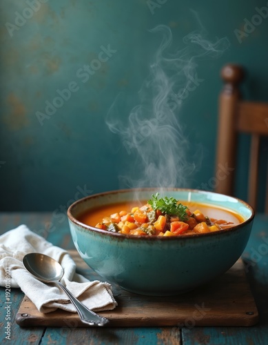 Hot steaming soup in teal bowl on rustic wooden table. Spoon and napkin beside dish. Comfort food aroma, inviting meal. Healthy vegetables, garden harvest.
