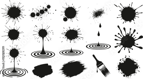 Collection of black ink splatters and paintbrush strokes on white background