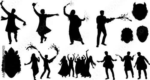 Collection of black silhouettes of people dancing and celebrating with confetti on white background
