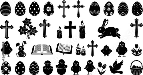 Easter icons including eggs crosses rabbits chicks flowers candles and books