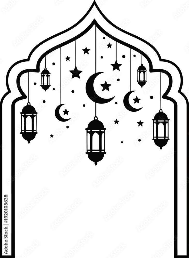Fototapeta premium Islamic ramadan archway with hanging lanterns moons and stars decoration