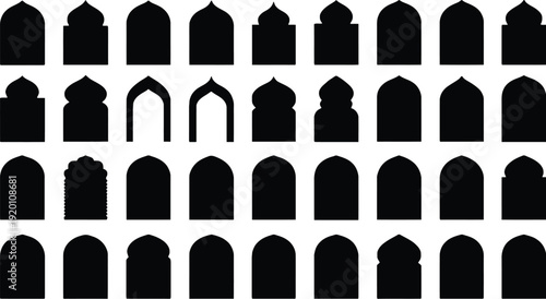 Collection of various architectural arch silhouettes in different shapes and designs on white background