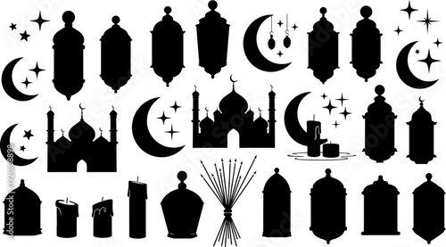 Ramadan Kareem Islamic silhouettes set with mosque domes and crescent moons