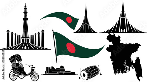 Bangladesh cultural icons and landmarks in black silhouette on white background