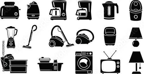 Black silhouettes of various household appliances on white background