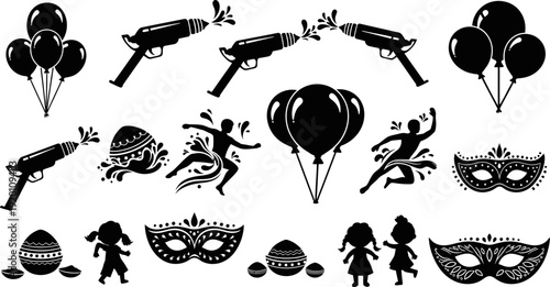 set of black silhouettes for carnival party with balloons masks and guns  fun and playful elements
