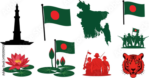 Bangladesh national symbols and landmarks collection including flag soldiers tigers and lotus flowers on white background