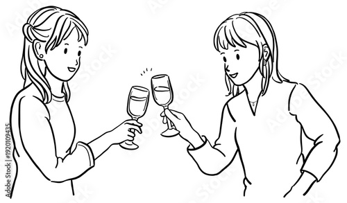 ワインで乾杯する若い女性のイラスト　線画