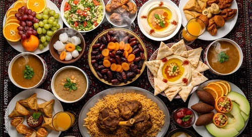 Vibrant overhead view of traditional Middle Eastern feast, showcasing diverse savory dishes, fresh fruits, sweet desserts, and treats for communal gathering