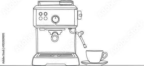 Continuous one line drawing of a modern espresso coffee machine with cup for cafe morning concept