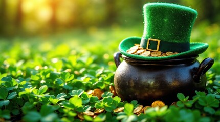Pot of gold with leprechaun hat overflowing with coins in lush green clover field