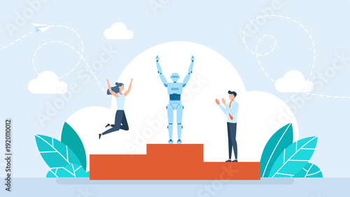 Artificial intelligence robot wins first place on podium while human people cheer or lose. Concept of AI technology superiority, future competition, and automation success. Vector illustration.