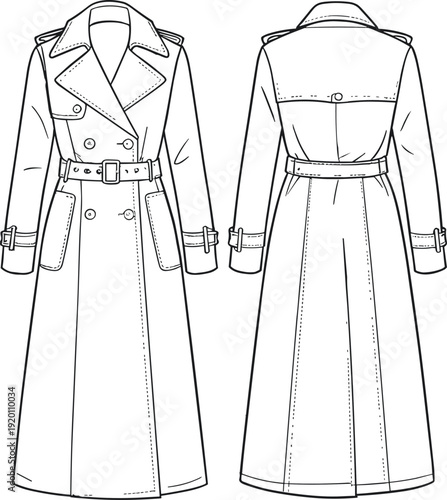 Classic Double Breasted Belted Trench Coat Technical Flat Sketch Front and Back View Fashion Apparel Line Drawing Template
