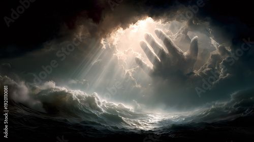 Divine hand reaching from heavenly clouds above stormy sea with dramatic light rays, concept of divine intervention and spiritual salvation