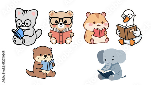 Cute cartoon animals reading books. Set of vector stickers featuring bear, cat, hamster, duck, otter, and elephant. Perfect for children's education and library posters.