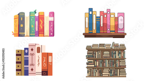 Flat design vector of colorful book collections on shelves. Clean aesthetic for bookstore, interior decor, or digital library apps. Minimalist educational elements.