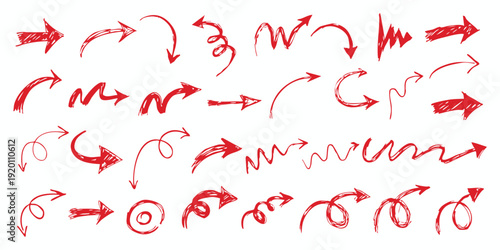 Collection of red arrows on white background
