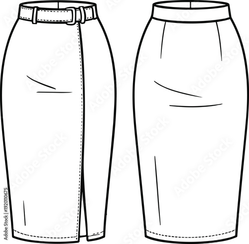 High Waist Belted Pencil Skirt Technical Flat Sketch Front and Back View Fashion Apparel Line Drawing Template