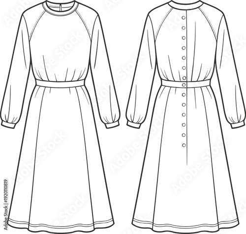 Long Sleeve Button Back Midi Dress Technical Flat Sketch Front and Back View Fashion Apparel Line Drawing Template Design