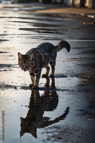 Reflections of a prowler in puddles on wet pavement