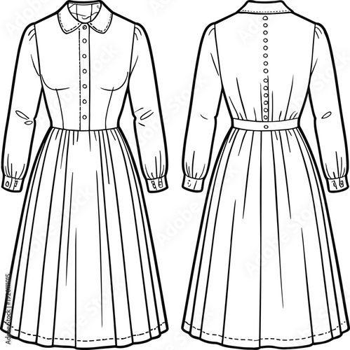 Long Sleeve Button Front Maxi Dress Technical Flat Sketch Front and Back View Fashion Apparel Line Drawing Template