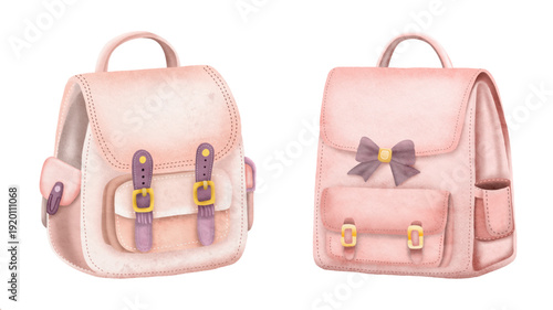 Soft pink watercolor vector of cute vintage-style backpacks with bows and buckles. Ideal for feminine fashion, school supplies, or nursery decor illustrations.