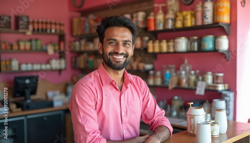 Wallpaper Mural Smiling indian man stands in his small store. He wears a pink shirt and looks at the camera. Shelves with products are visible in the background. He works in retail. Torontodigital.ca